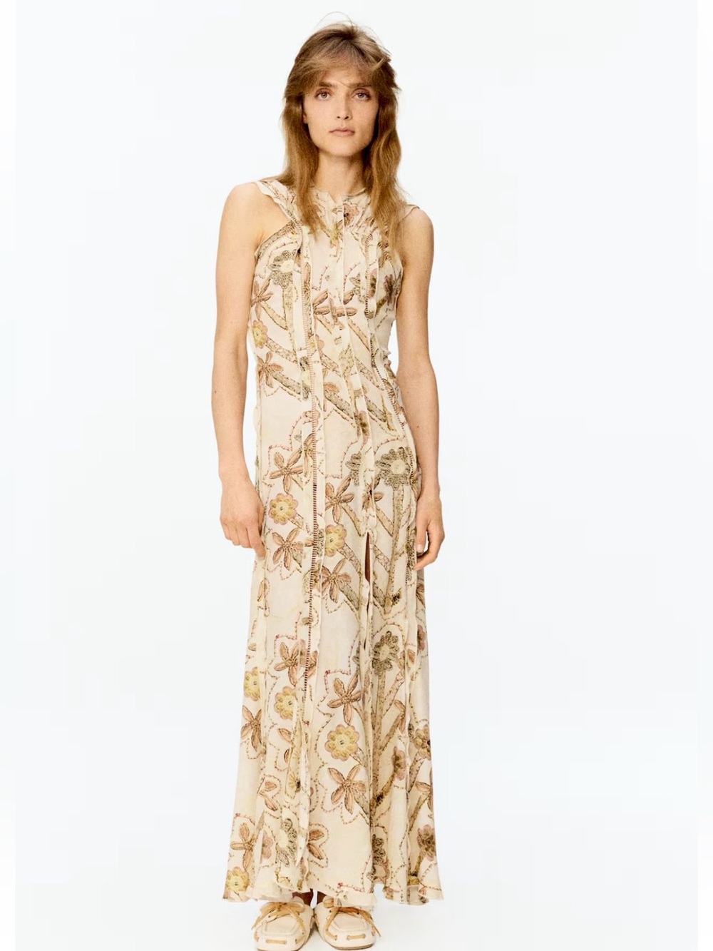 H&M STUDIO NWT CREAM FLORAL FLORAL-PRINT OPEN-BACK DRESS WITH RUFFLES SIZE SMALL